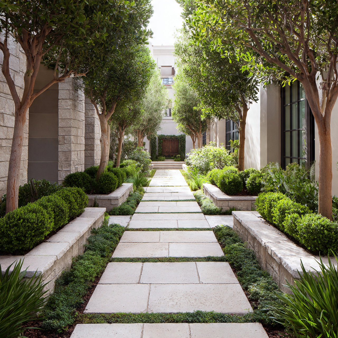 straight and structured garden walkway using rectangular
