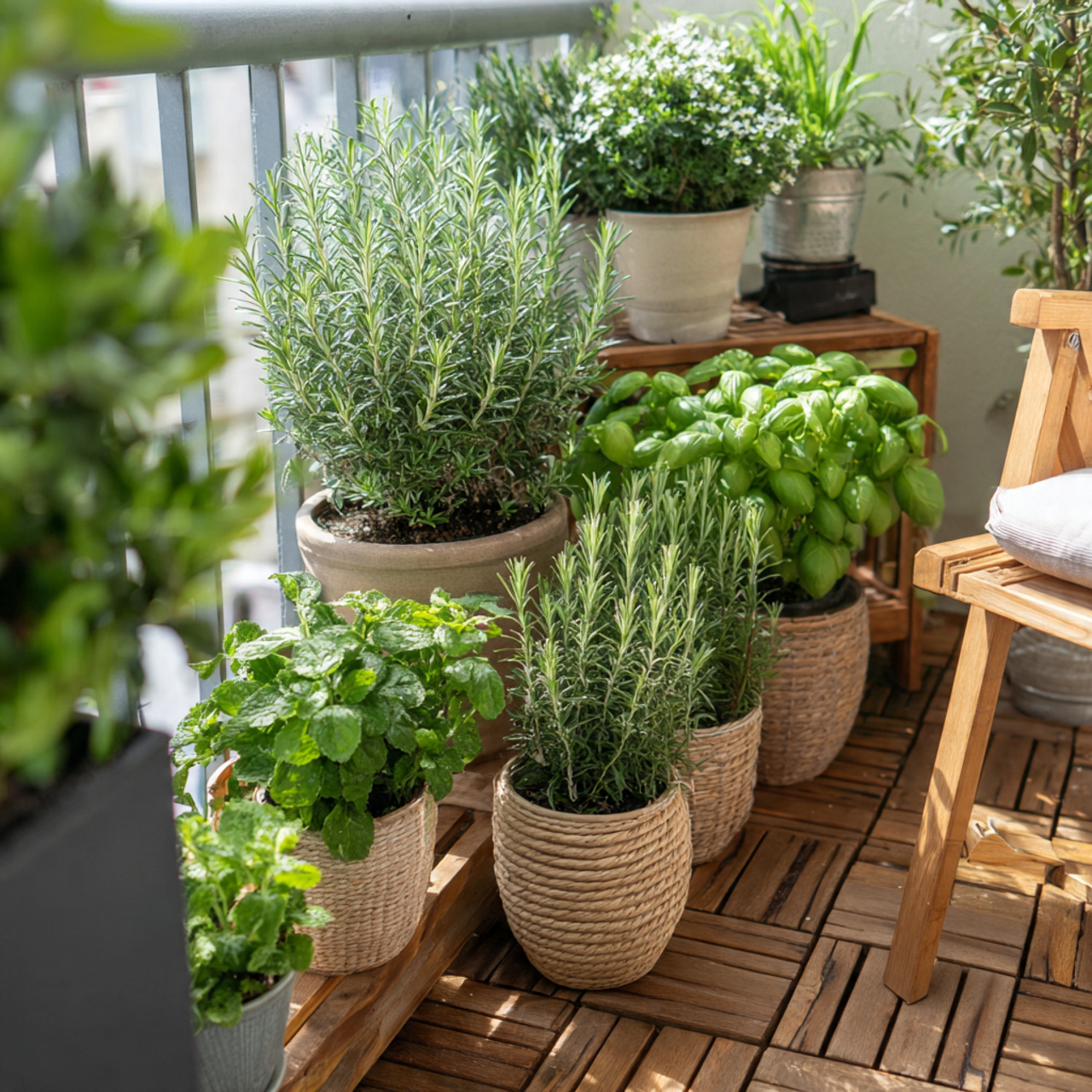 tiny balcony garden featuring aromatic plants like