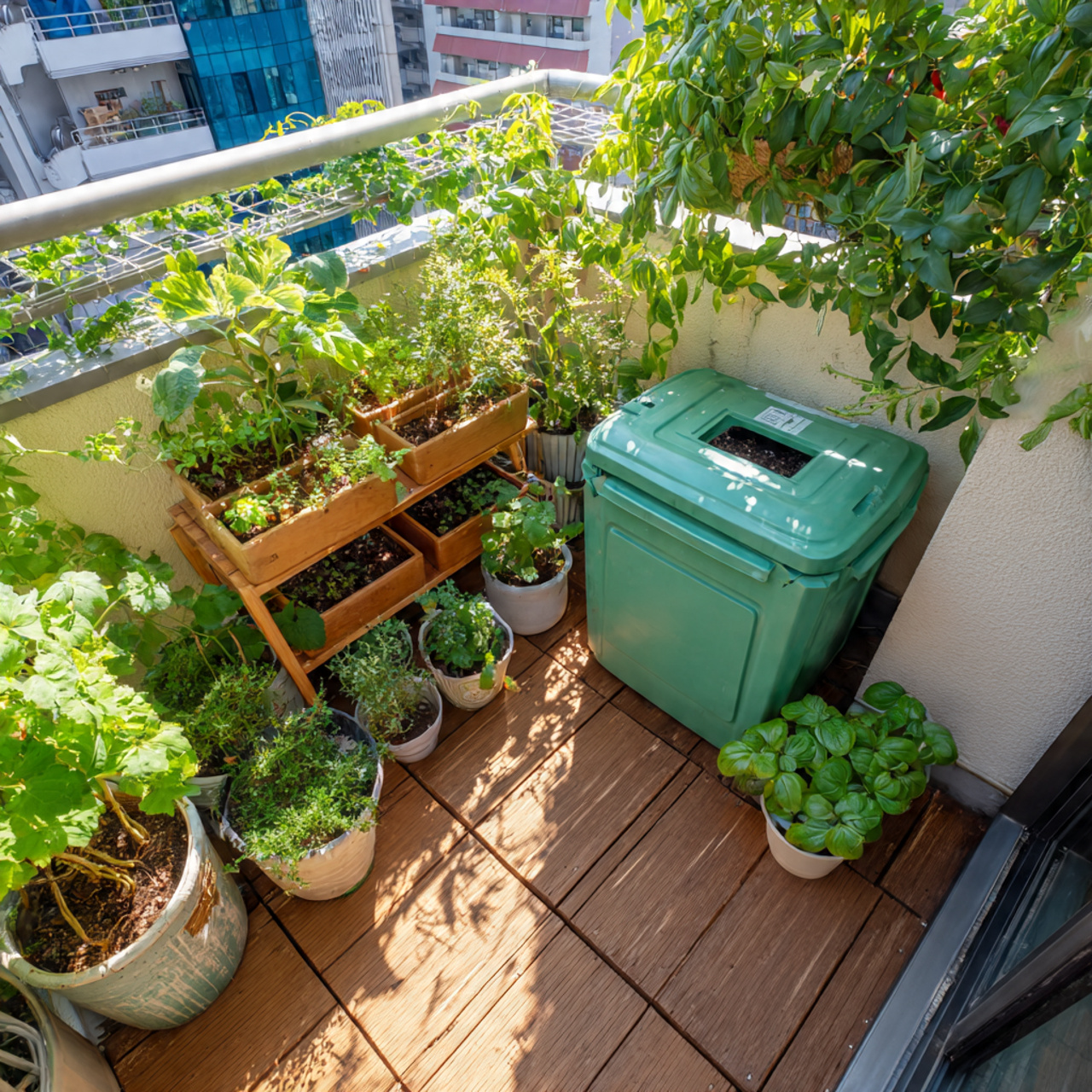 tiny balcony garden with a small compost