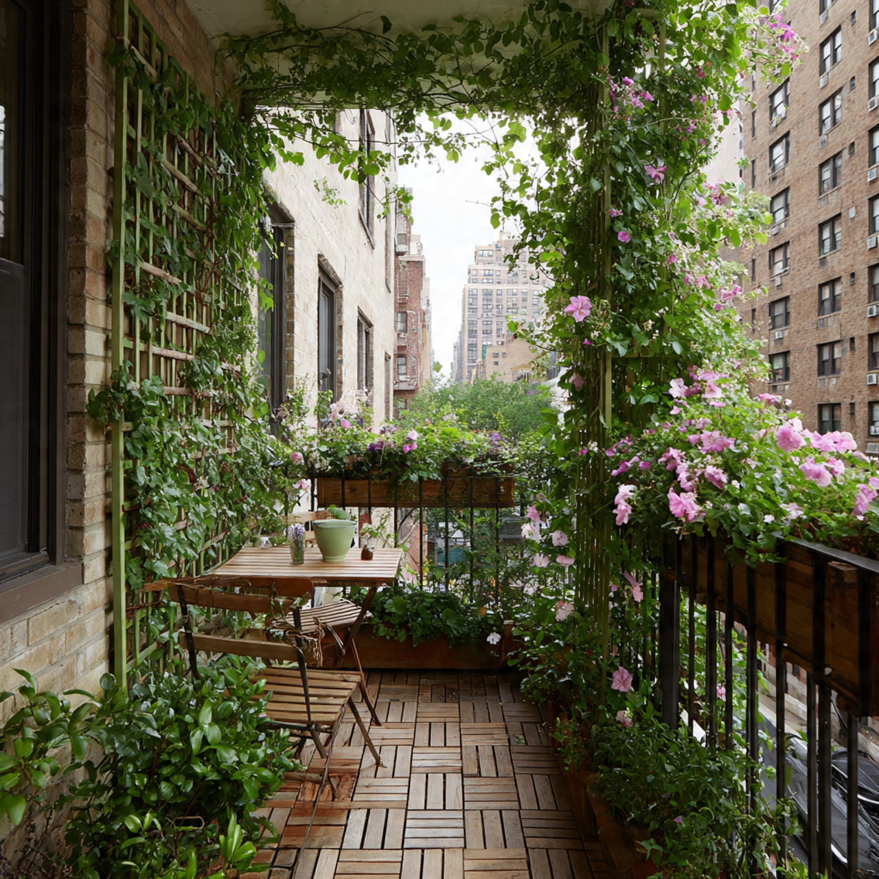 tiny balcony with climbing plants like morning