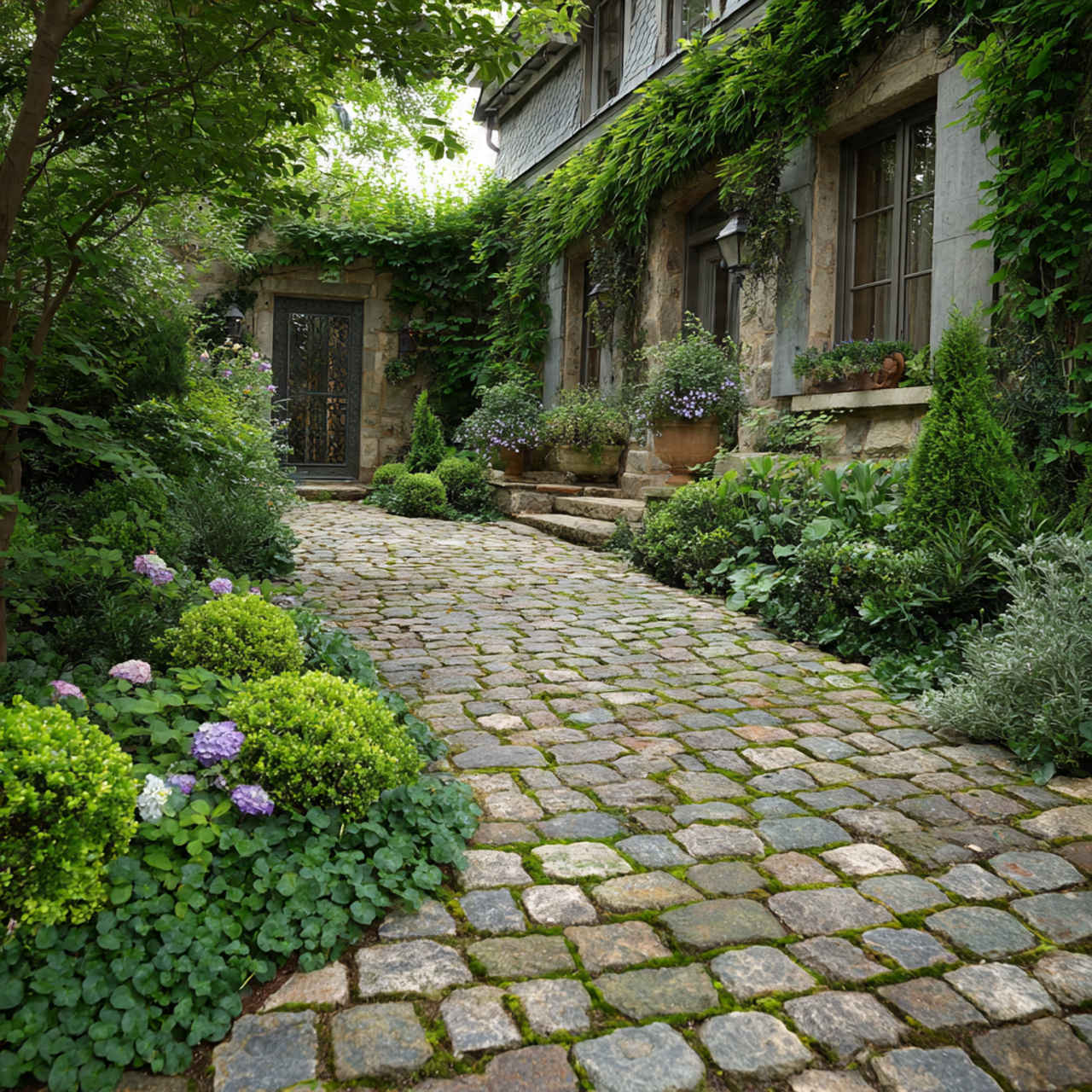 traditional cobblestone garden pathway with rounded stones
