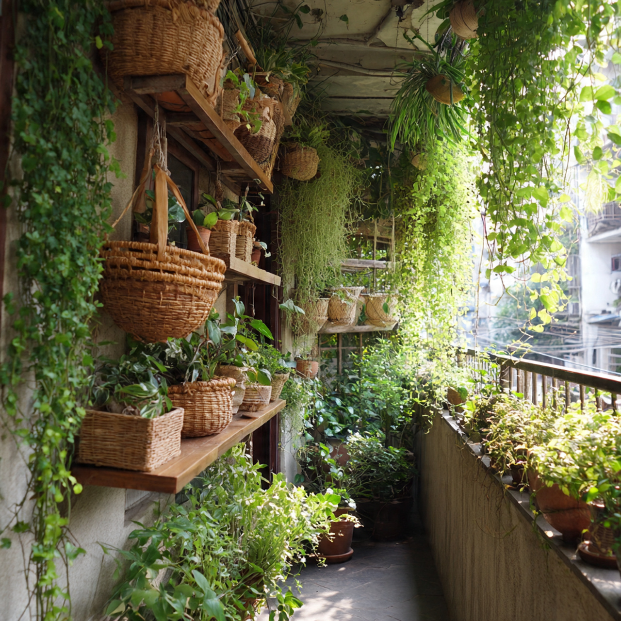 trailing and cascading plants hanging from shelves
