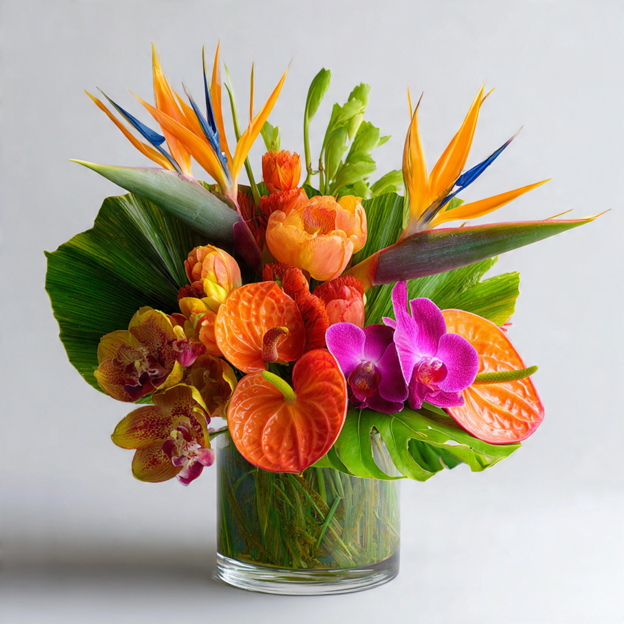 tropical floral arrangement with orchids anthuriums bird of paradise