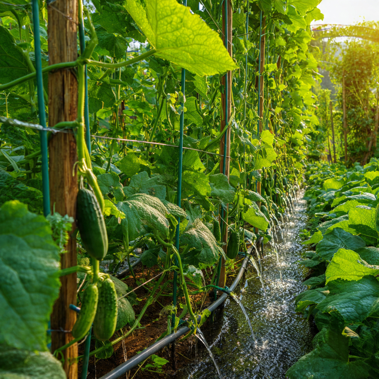 vegetable garden trellis with cucumber vines climbing