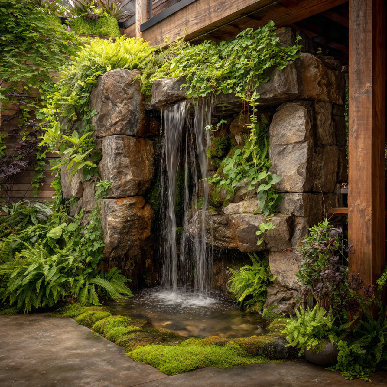 vertical rock wall waterfall in a small