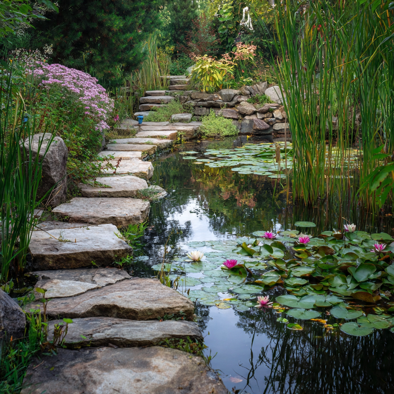 walkway beside a calm pond with reflections