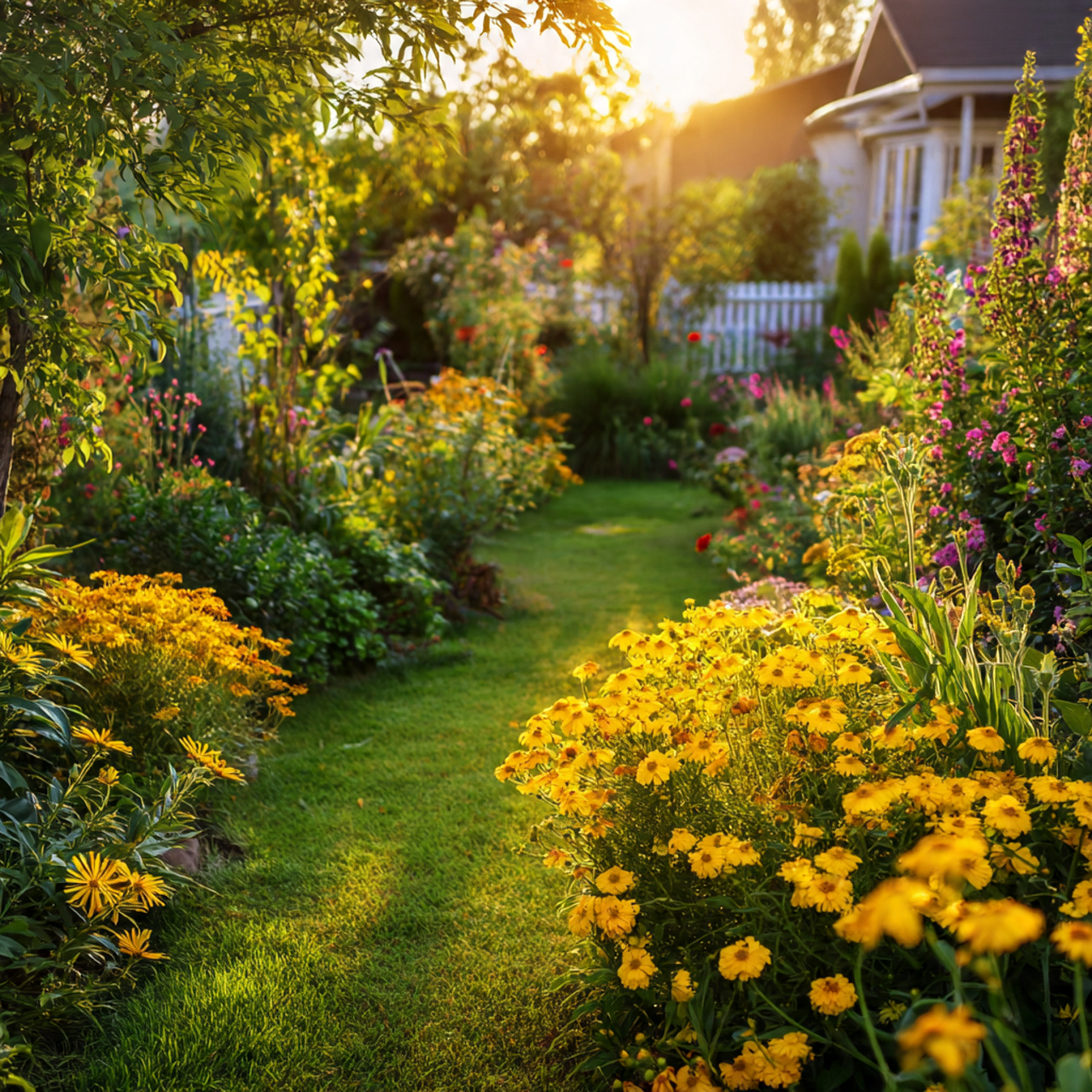 well maintained home garden showing mature birth flowers