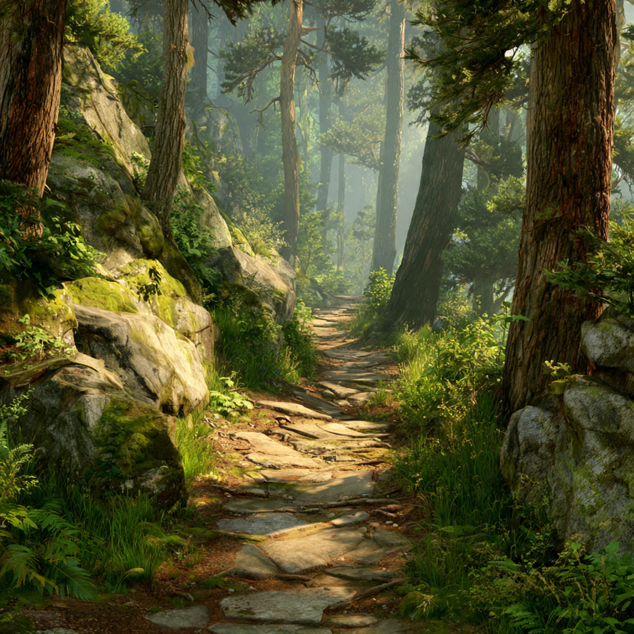 winding woodland trail with natural stone or
