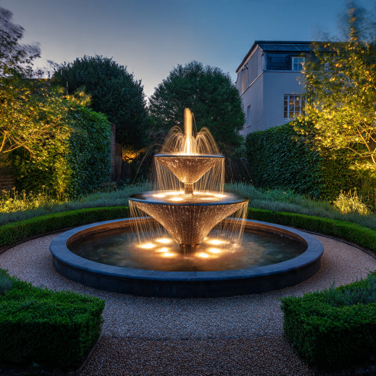 a contemporary three tiered fountain in a circular