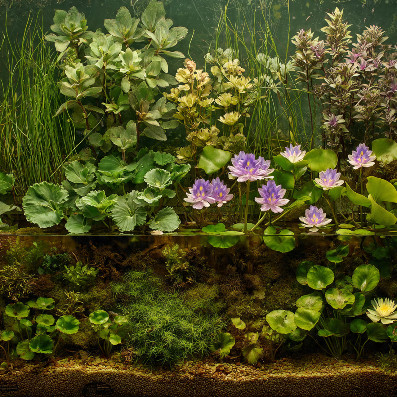 a diverse aquatic plant collection display showing