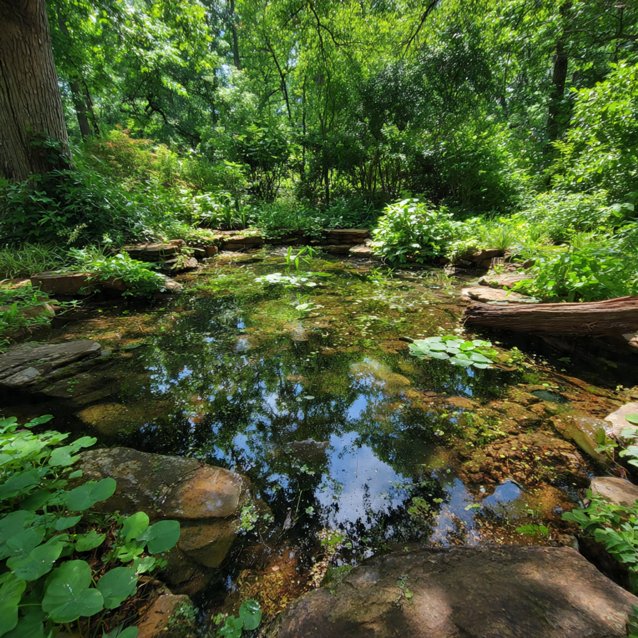 a naturalistic pond with shallow sloped edges