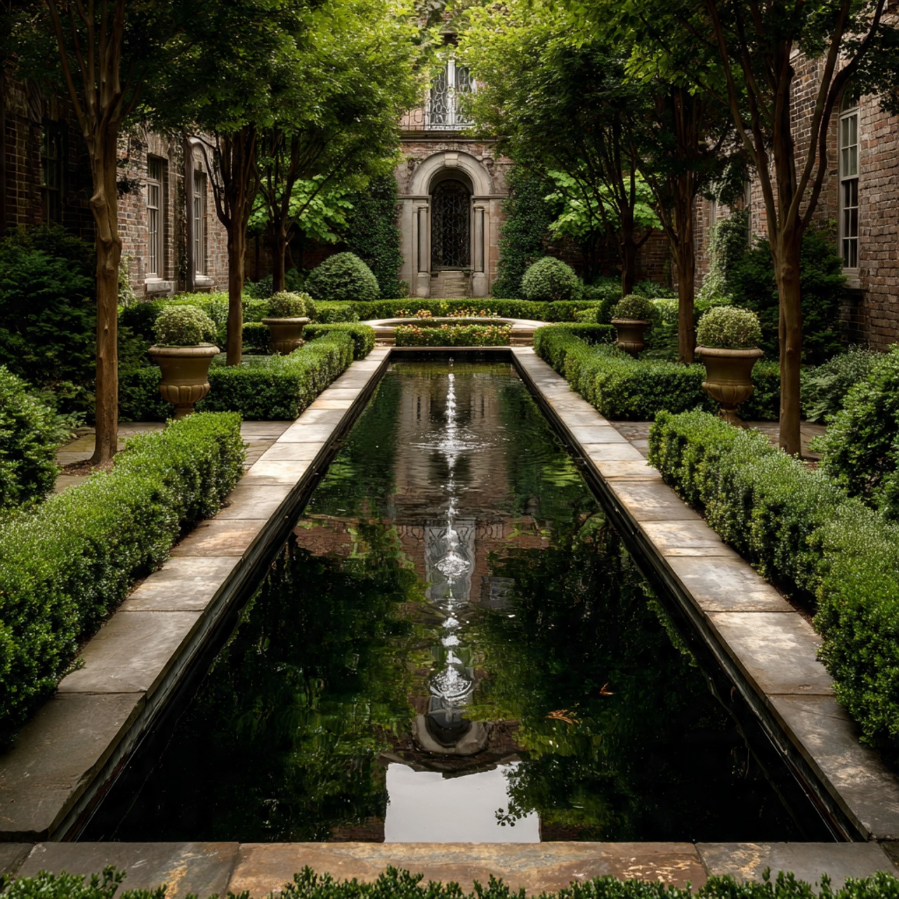 a rectangular formal reflecting pool with symmetrical