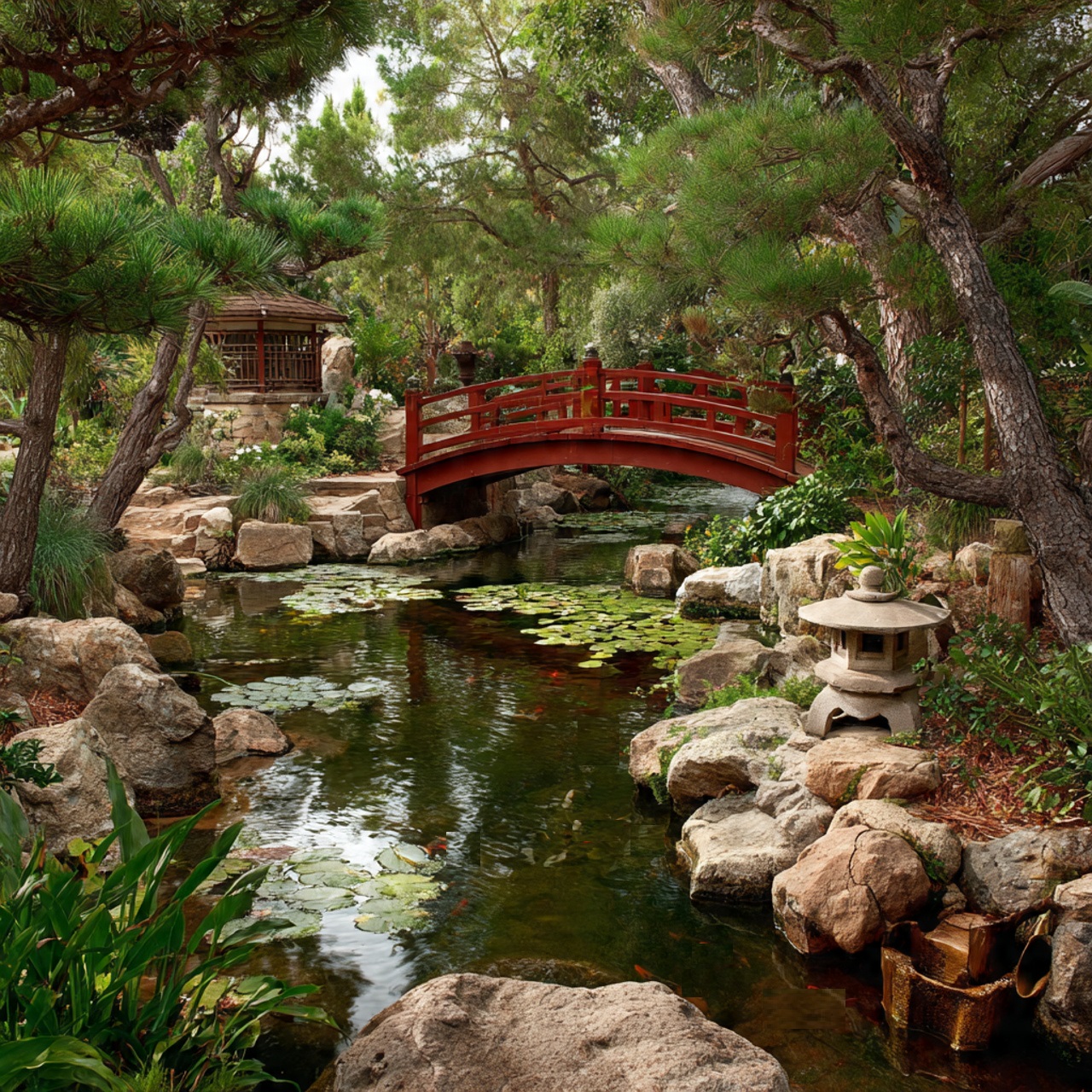 a tranquil japanese inspired pond with an arched