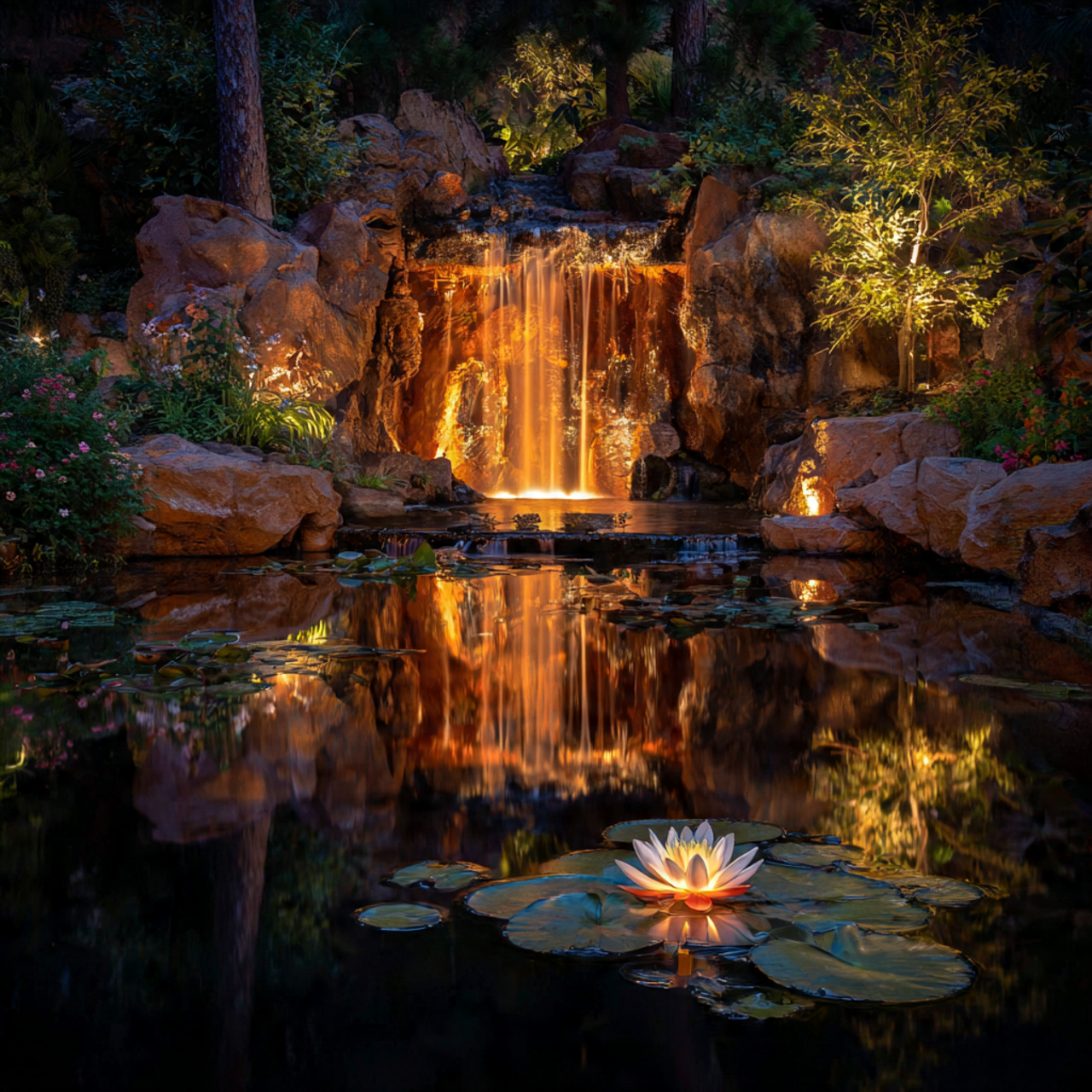 an evening scene of a pond with
